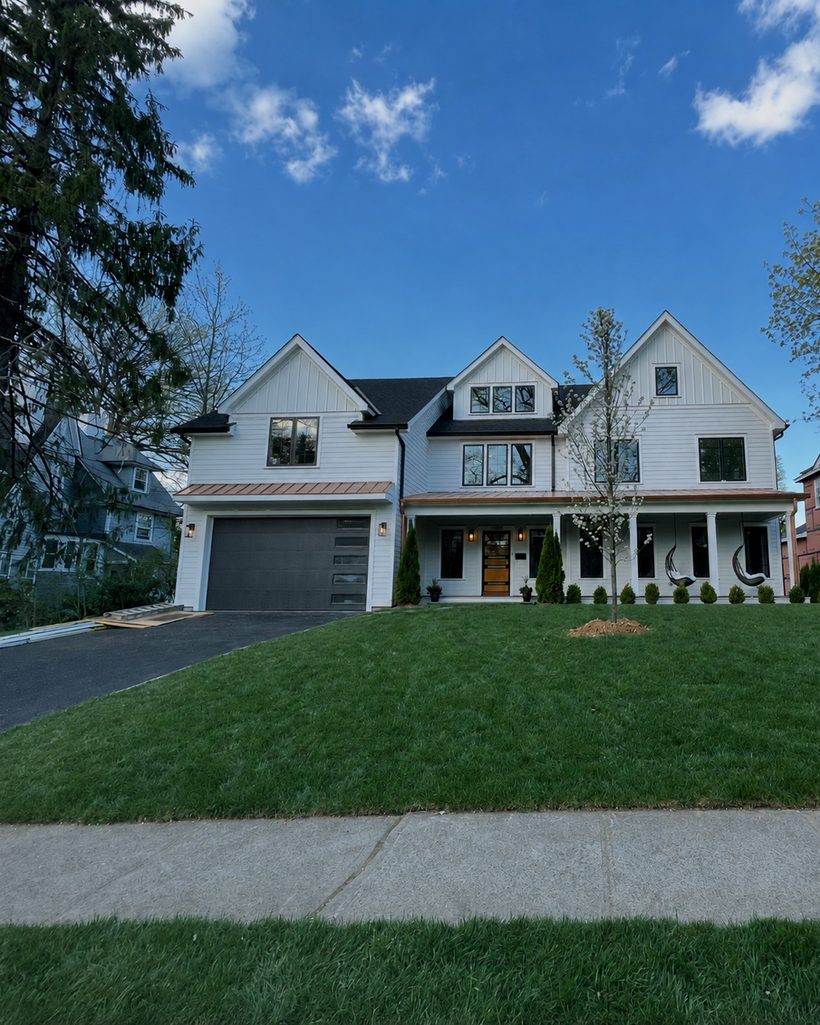 Finished front elevation of a rebuilt home in Westchester County, New York
