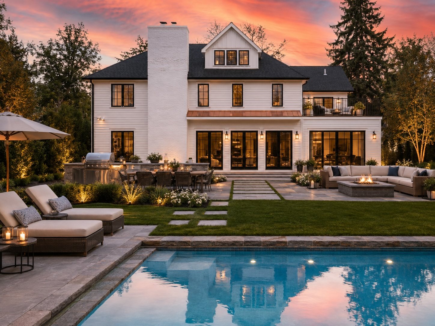 Renovated home exterior with pool, outdoor kitchen and fire pit at sunset